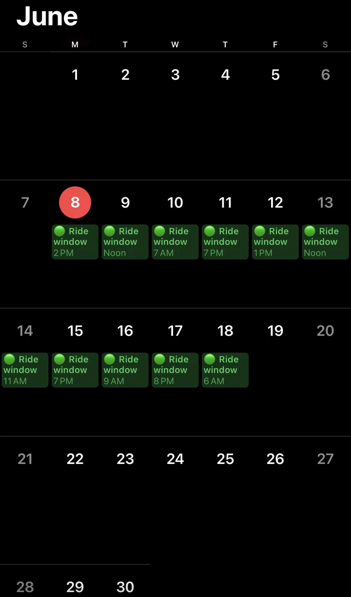 Apple Calendar month view with IsoRide 'Ride window' events on each of the next ten days, set to that day's best riding time