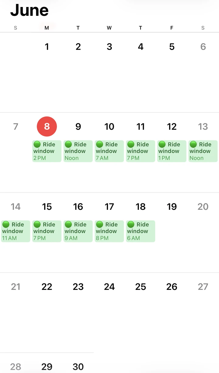 Apple Calendar month view with IsoRide 'Ride window' events on each of the next ten days, set to that day's best riding time