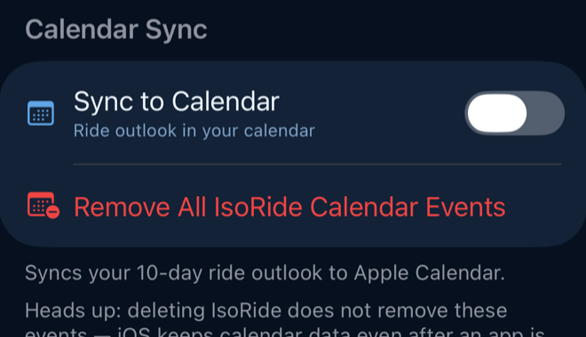 IsoRide Settings — Sync to Calendar toggle