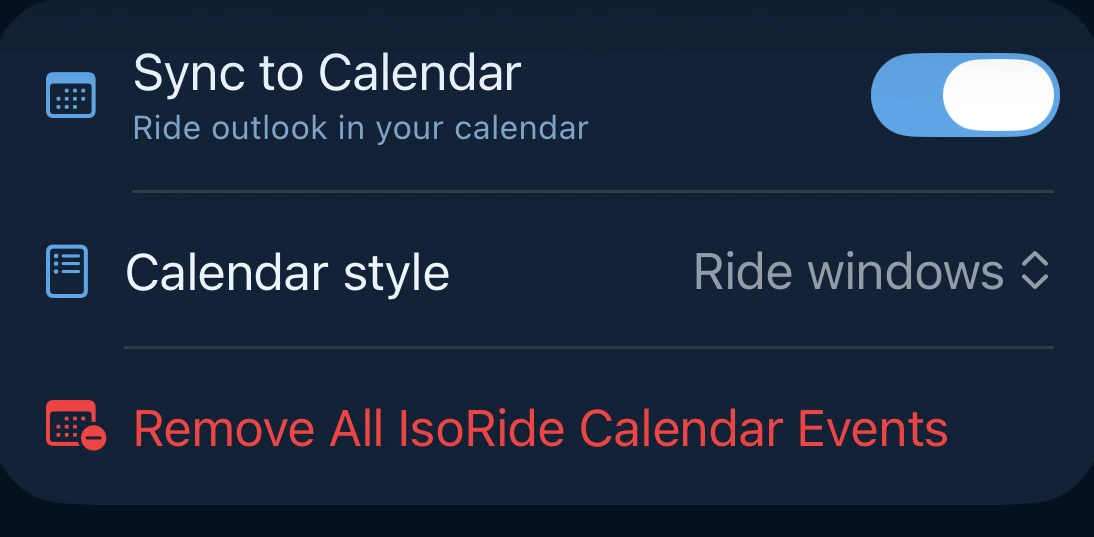 IsoRide Settings — Sync to Calendar toggle