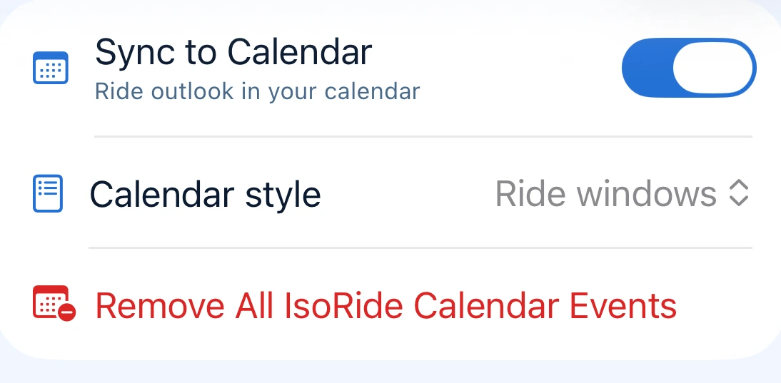 IsoRide Settings — Sync to Calendar toggle